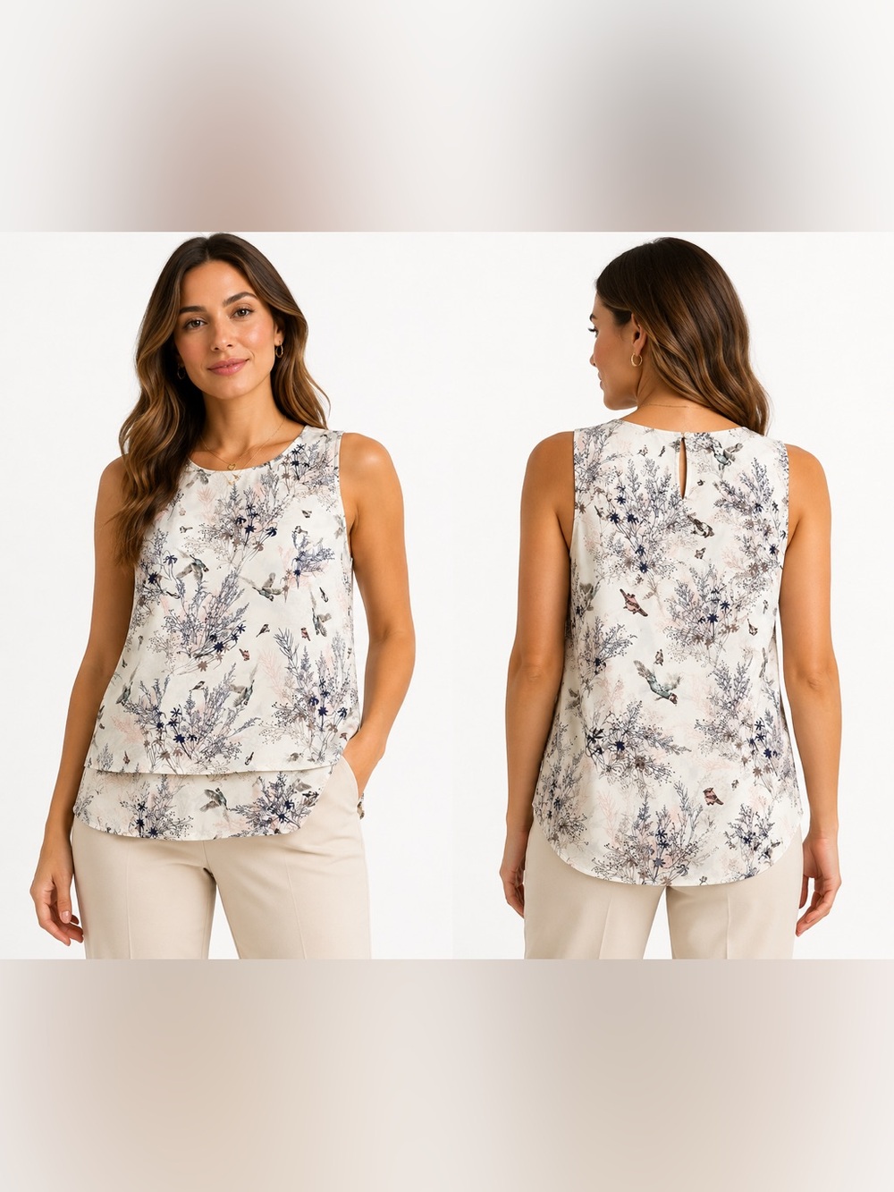 Sleeveless Floral Print Tank Top - Cream